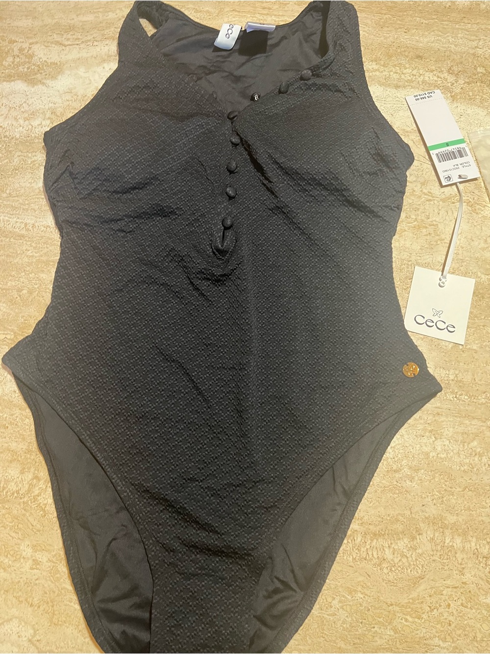 CeCe Black Textured Button-Front One-Piece Swimsuit